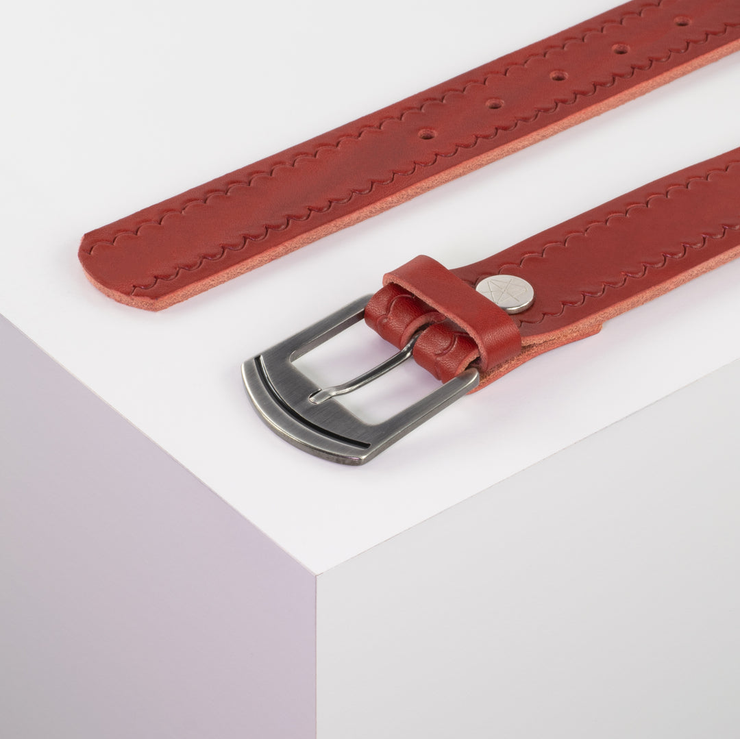 Ledergürtel 3,5cm mit Schnalle Nowosibirsk silber rot kleine Welle