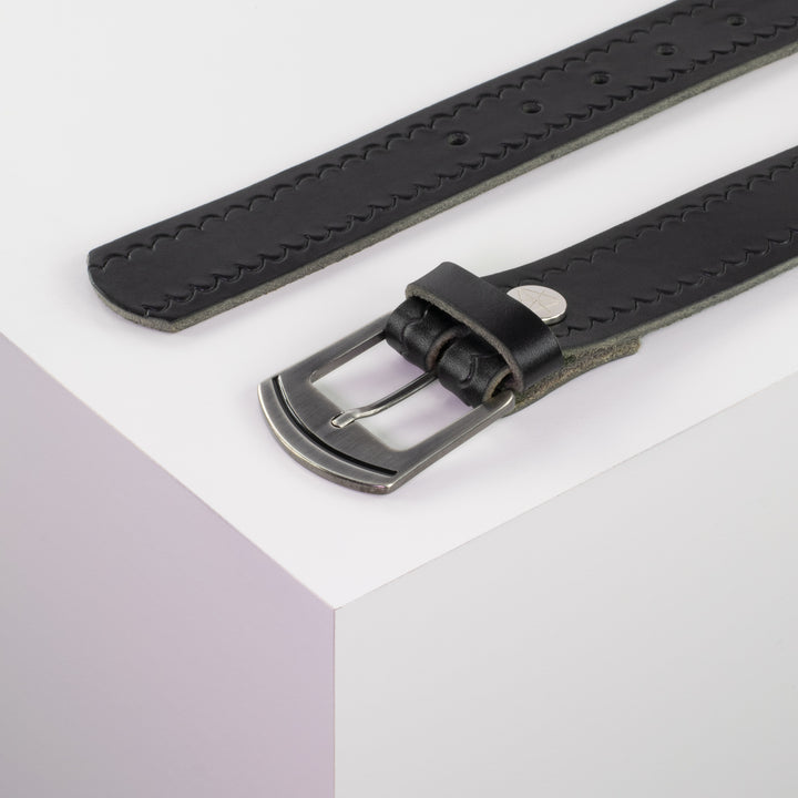 Ledergürtel 3,5cm mit Schnalle Nowosibirsk silber schwarz kleine Welle