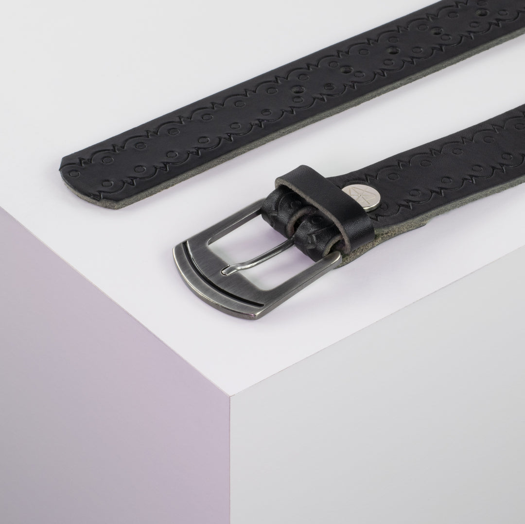 Ledergürtel 3,5cm mit Schnalle Nowosibirsk silber schwarz Lochwelle