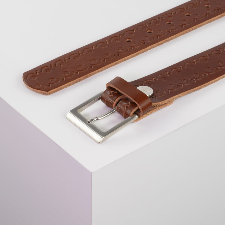 Ledergürtel 3,5cm mit Schnalle Helsinki silber glänzend cognac Lochwelle