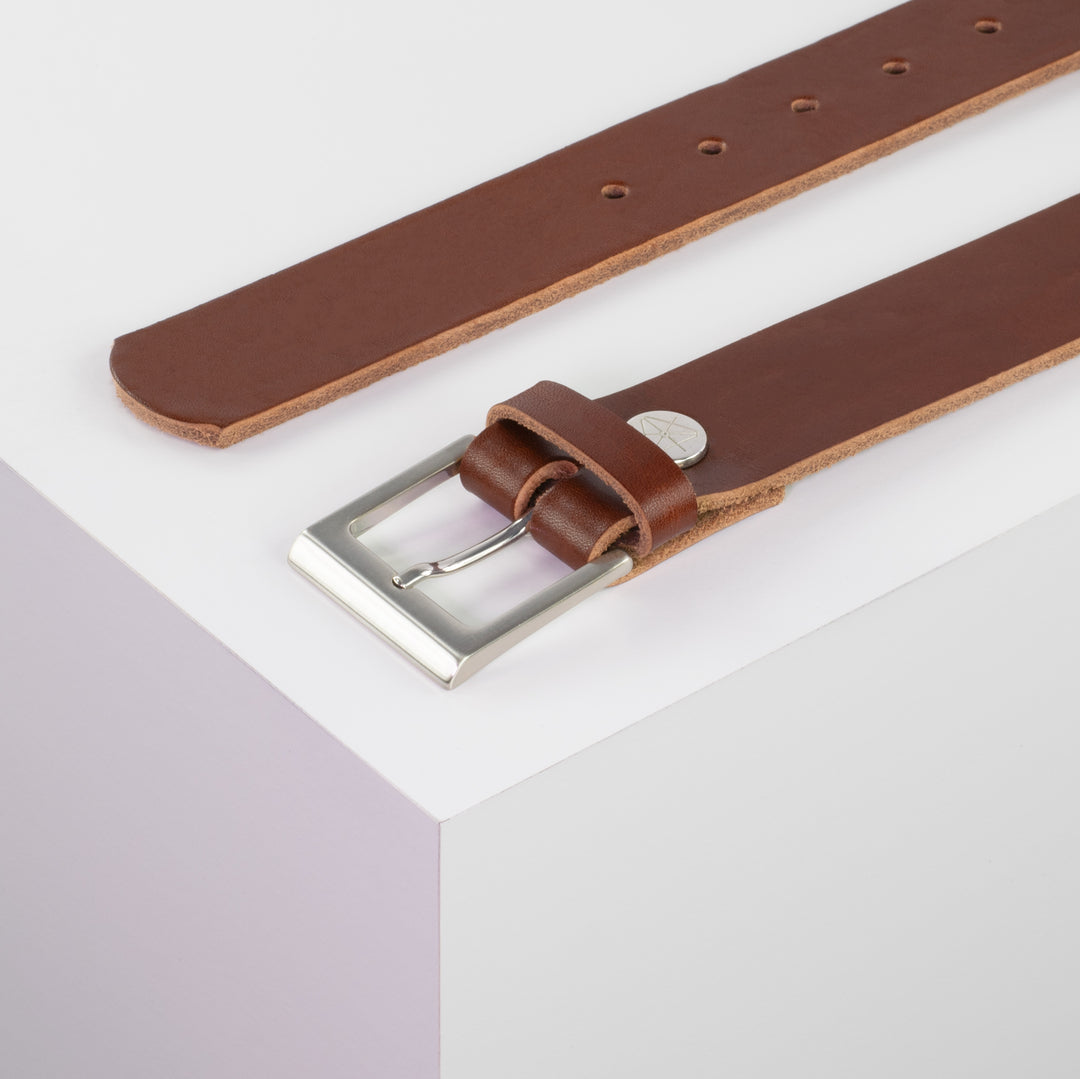 Ledergürtel 3,5cm mit Schnalle Helsinki silber glänzend cognac ohne Muster