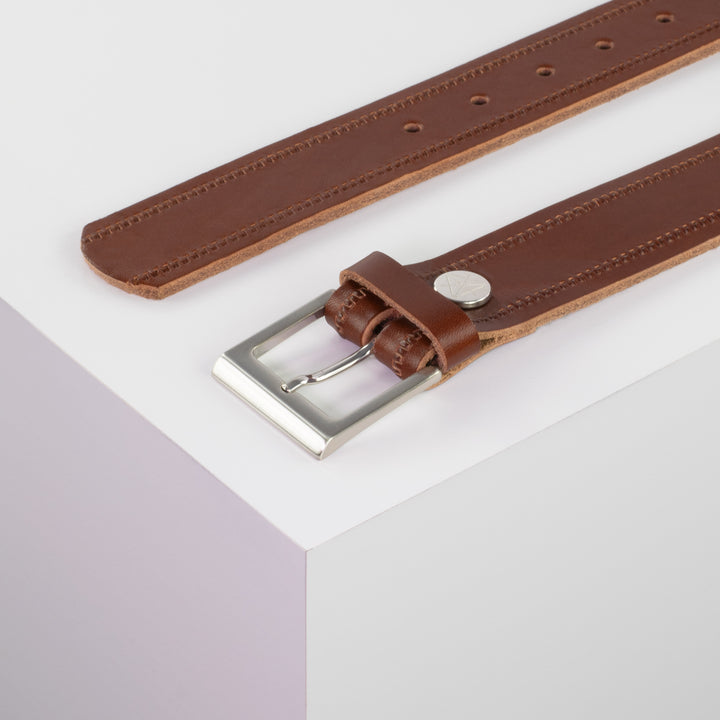 Ledergürtel 3,5cm mit Schnalle Helsinki silber glänzend cognac Reißverschluss