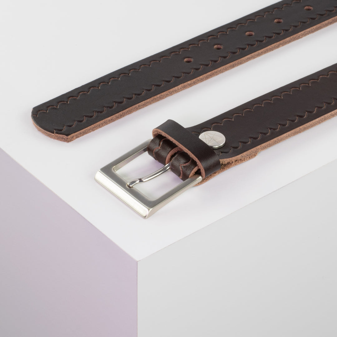 Ledergürtel 3,5cm mit Schnalle Helsinki silber glänzend dunkelbraun kleine Welle