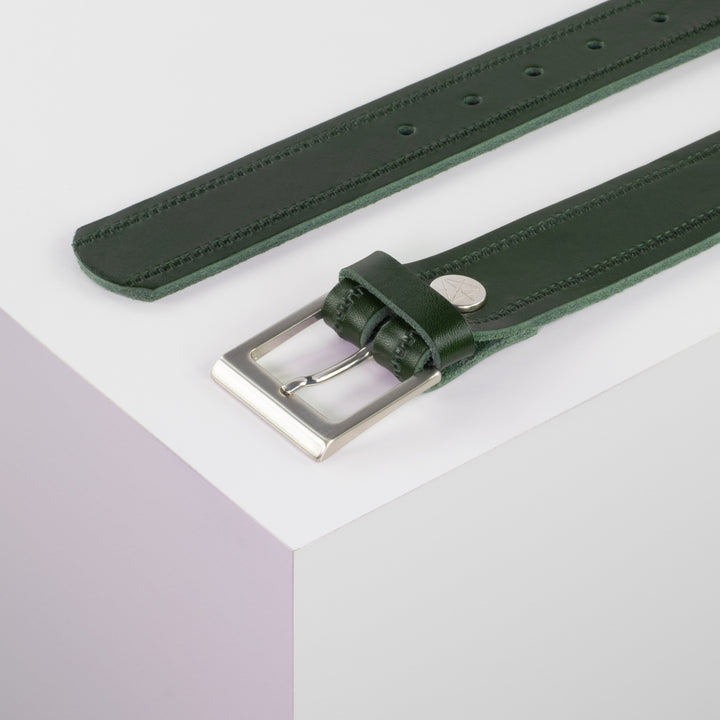 Ledergürtel 3,5cm mit Schnalle Helsinki silber glänzend grün Reißverschluss