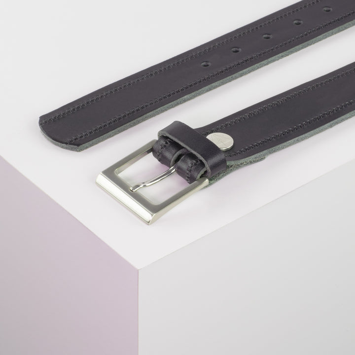 Ledergürtel 3,5cm mit Schnalle Helsinki silber glänzend navi Reißverschluss
