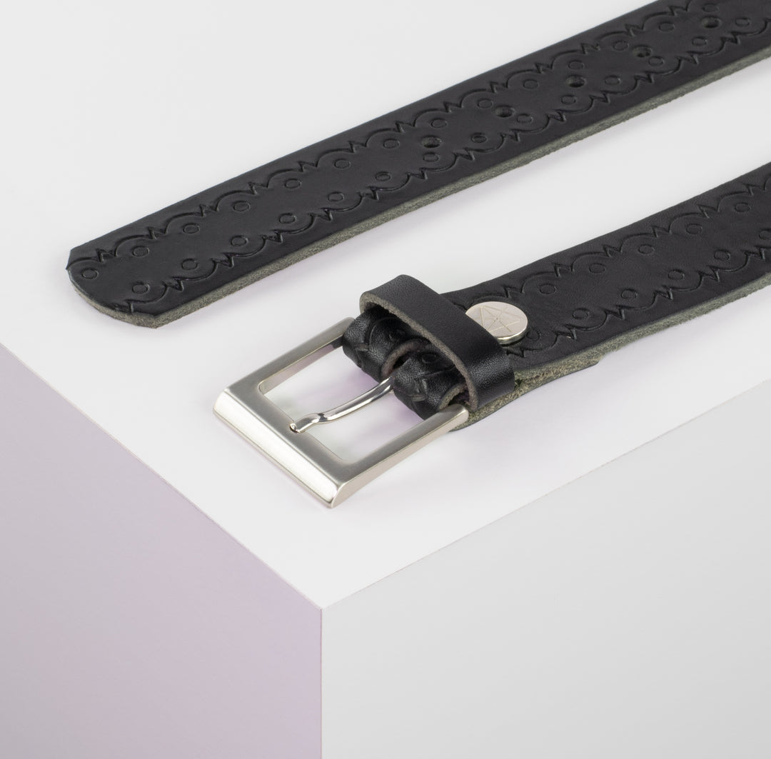 Ledergürtel 3,5cm mit Schnalle Helsinki silber glänzend schwarz Lochwelle