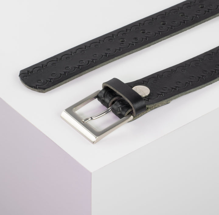 Ledergürtel 3,5cm mit Schnalle Helsinki silber glänzend schwarz Lochwelle