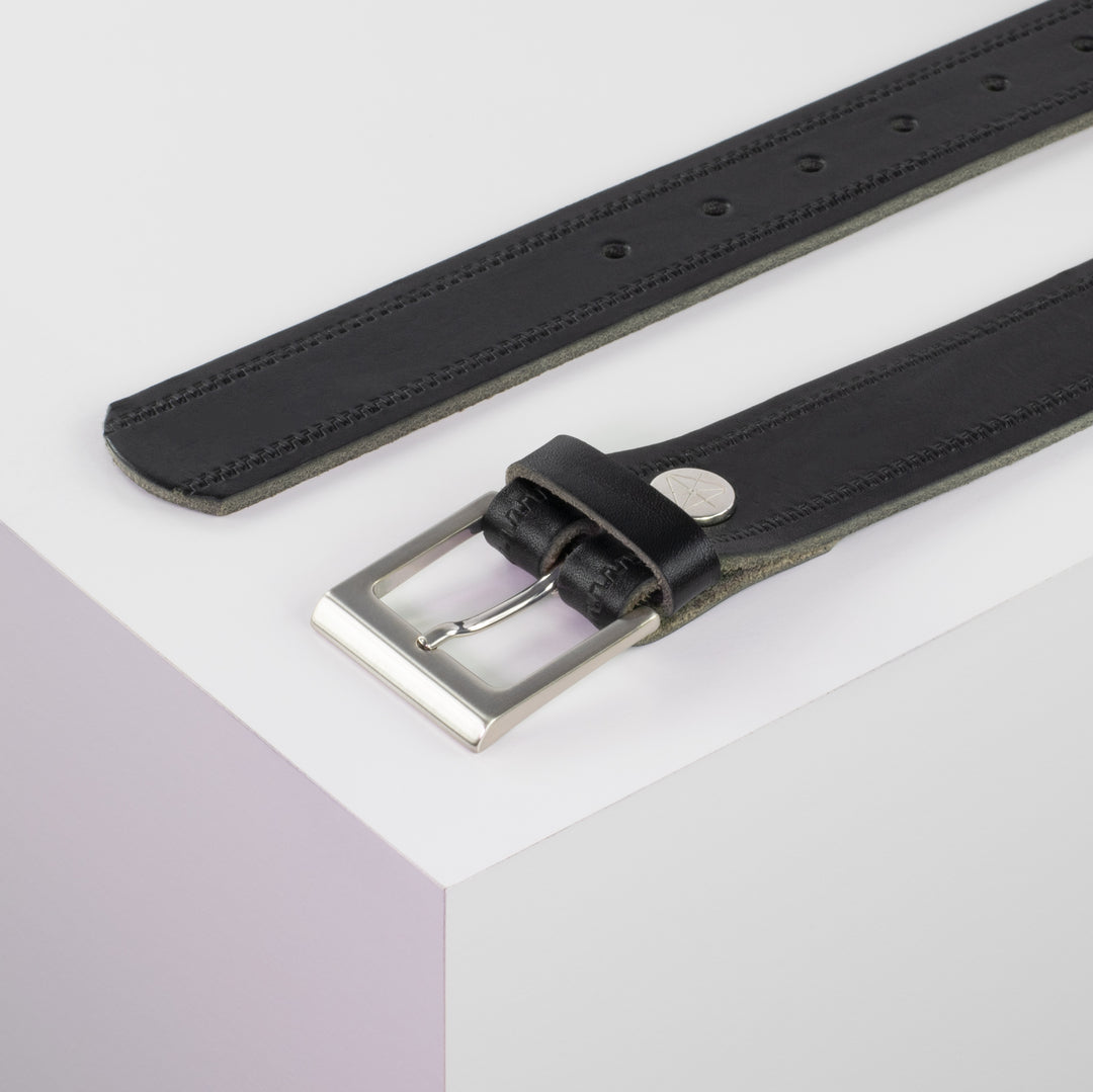 Ledergürtel 3,5cm mit Schnalle Helsinki silber glänzend schwarz Reißverschluss