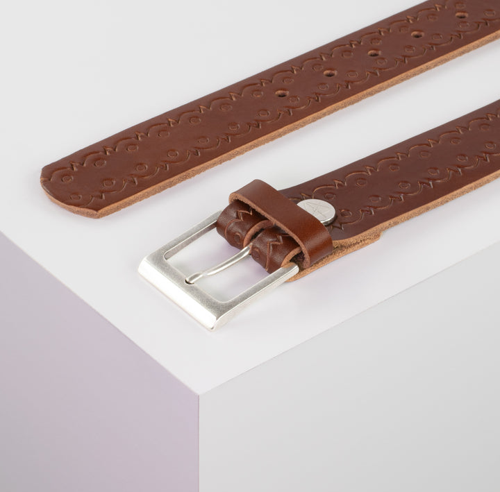 Ledergürtel 3,5cm mit Schnalle Helsinki silber matt cognac Lochwelle