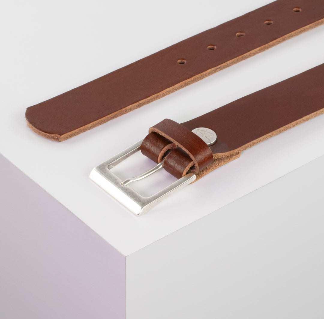 Ledergürtel 3,5cm mit Schnalle Helsinki silber matt cognac ohne Muster