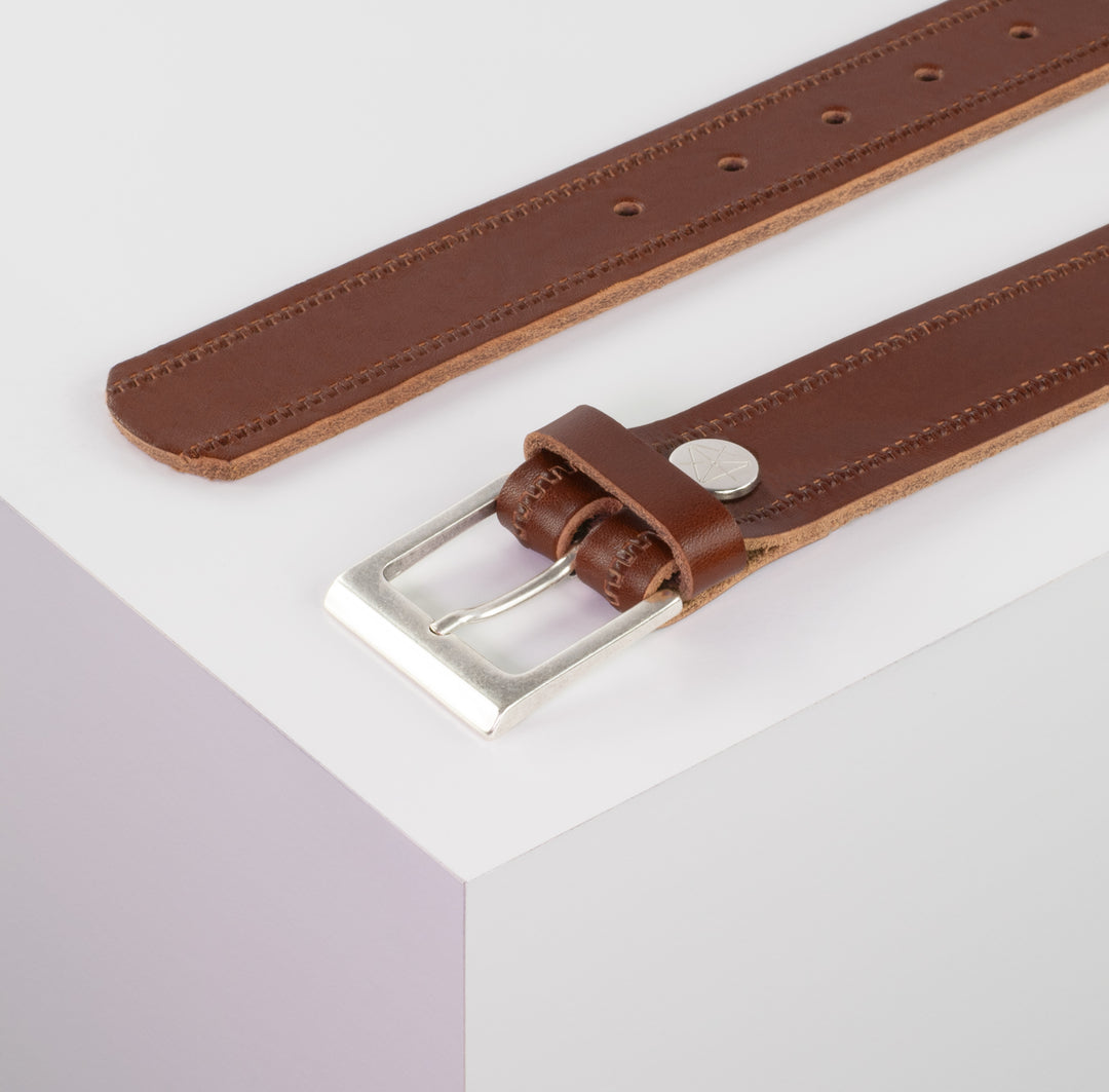 Ledergürtel 3,5cm mit Schnalle Helsinki silber matt cognac Reißverschluss