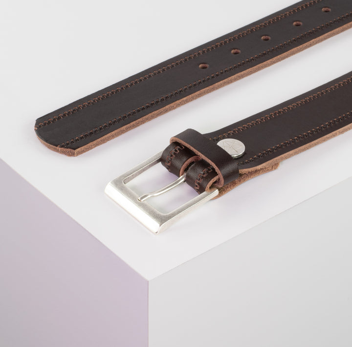 Ledergürtel 3,5cm mit Schnalle Helsinki silber matt dunkelbraun Reißverschluss
