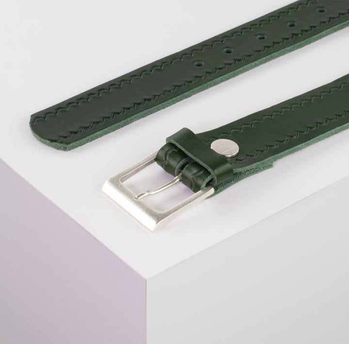 Ledergürtel 3,5cm mit Schnalle Helsinki silber matt grün kleine Welle