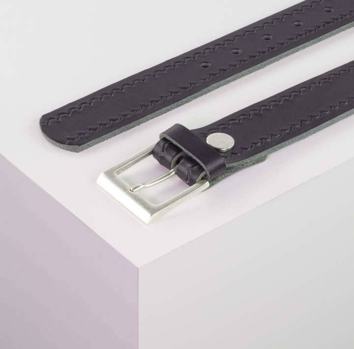 Ledergürtel 3,5cm mit Schnalle Helsinki silber matt navi kleine Welle