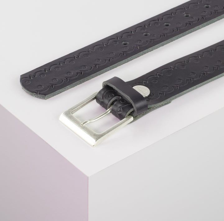 Ledergürtel 3,5cm mit Schnalle Helsinki silber matt navi Lochwelle