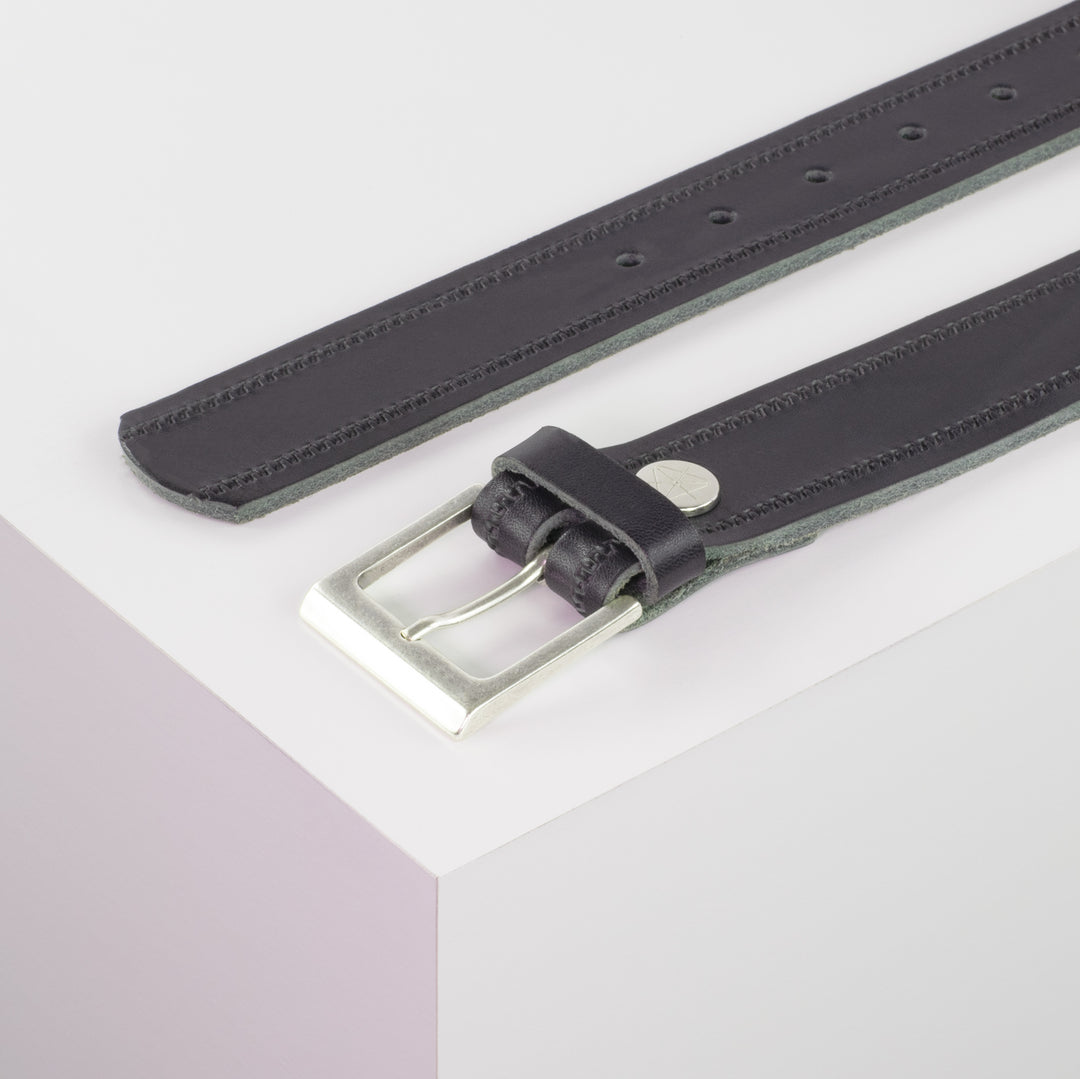 Ledergürtel 3,5cm mit Schnalle Helsinki silber matt navi Reißverschluss