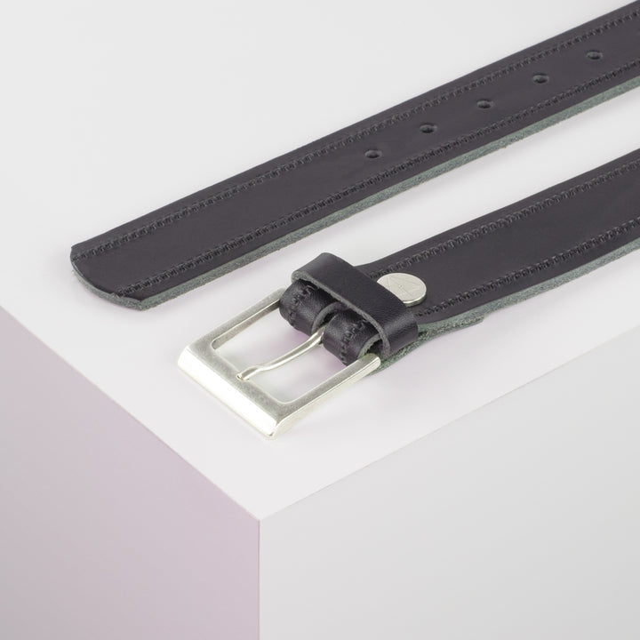 Ledergürtel 3,5cm mit Schnalle Helsinki silber matt navi Reißverschluss