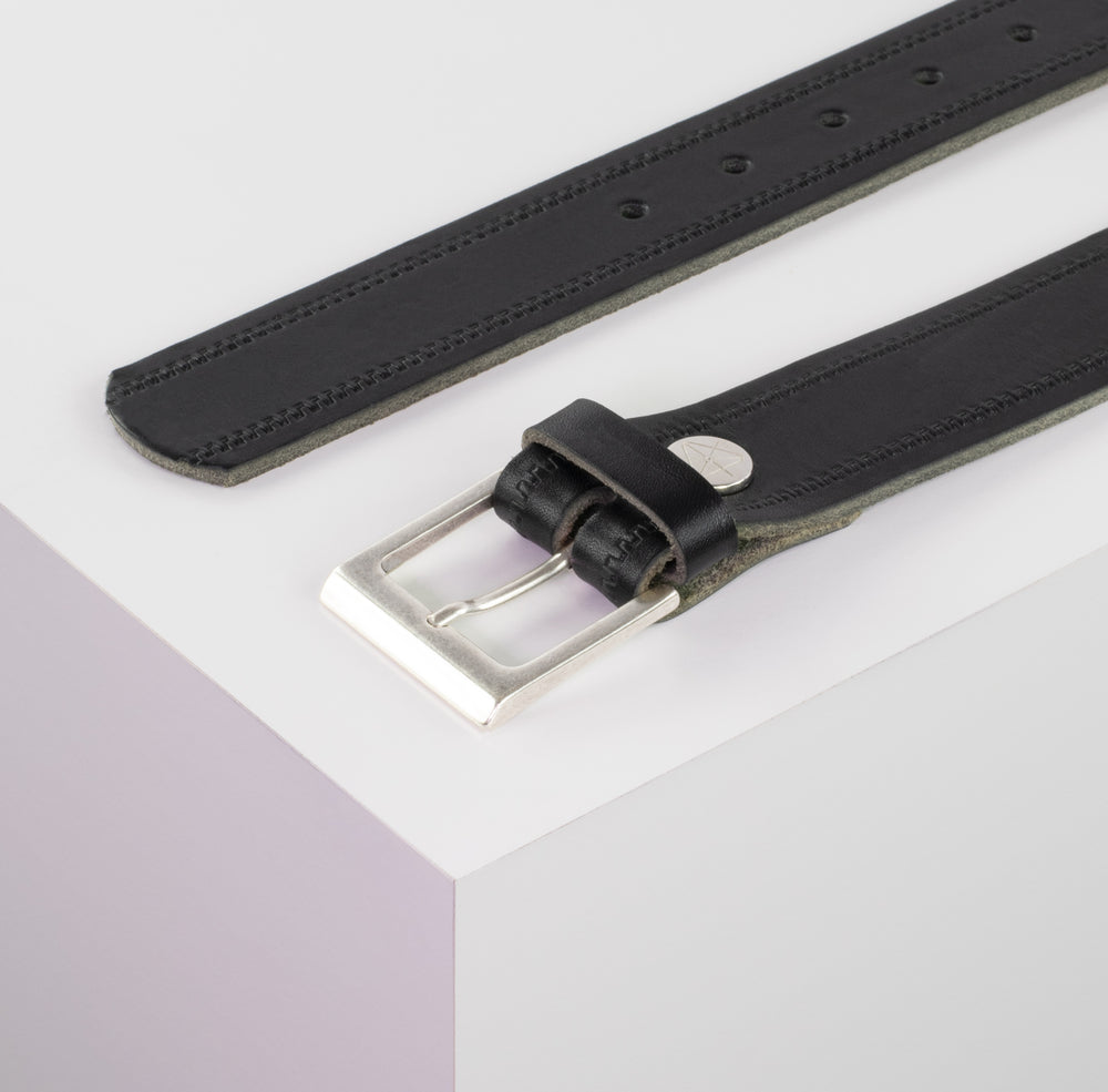 Ledergürtel 3,5cm mit Schnalle Helsinki silber matt schwarz Reißverschluss