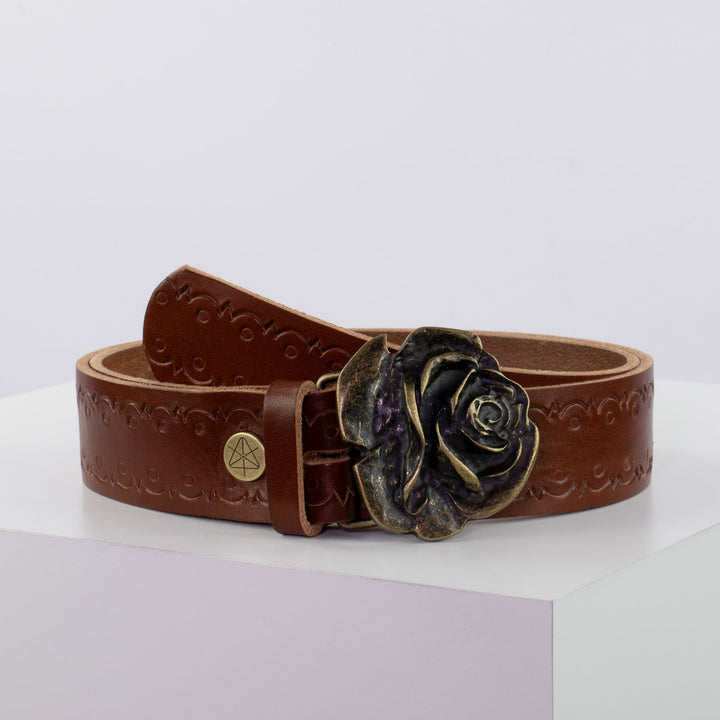Ledergürtel 4cm mit Schnalle Rose messing cognac Lochwelle