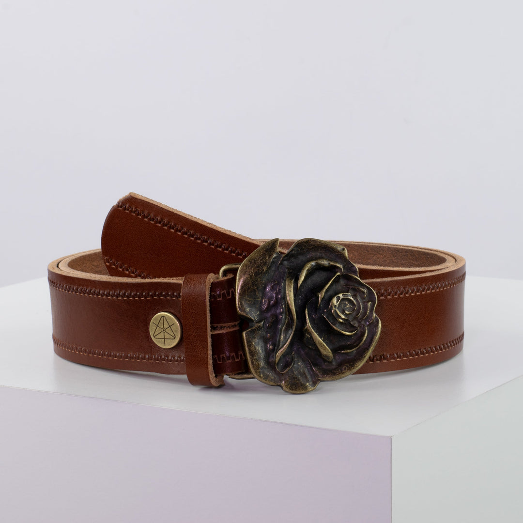 Ledergürtel 4cm mit Schnalle Rose messing cognac Reißverschluss