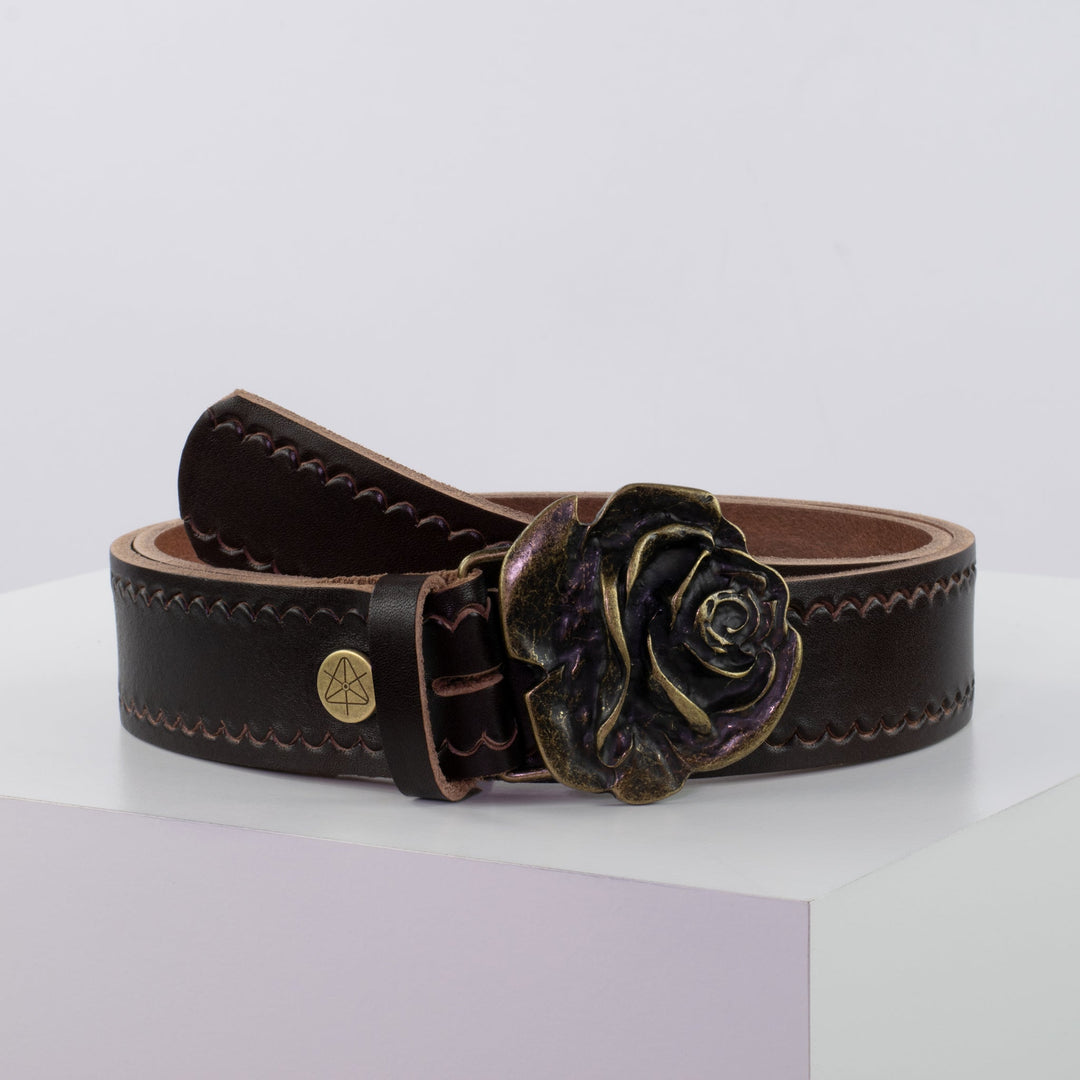 Ledergürtel 4cm mit Schnalle Rose messing dunkelbraun kleine Welle