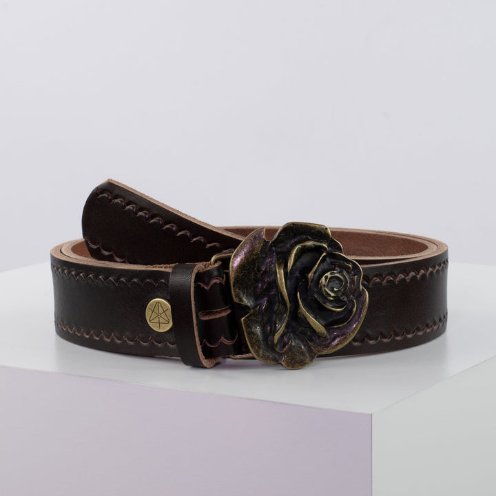 Ledergürtel 4cm mit Schnalle Rose messing dunkelbraun kleine Welle