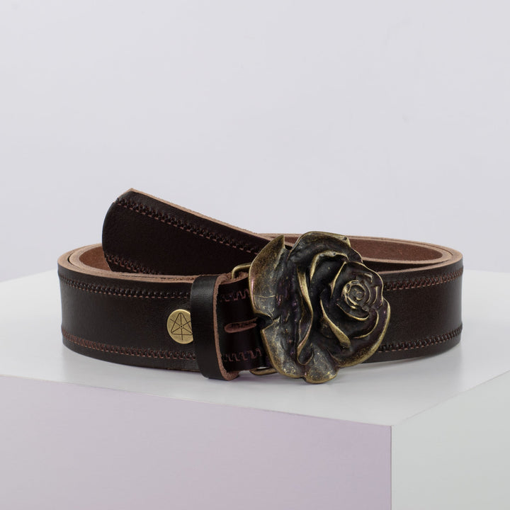 Ledergürtel 4cm mit Schnalle Rose messing dunkelbraun Reißverschluss