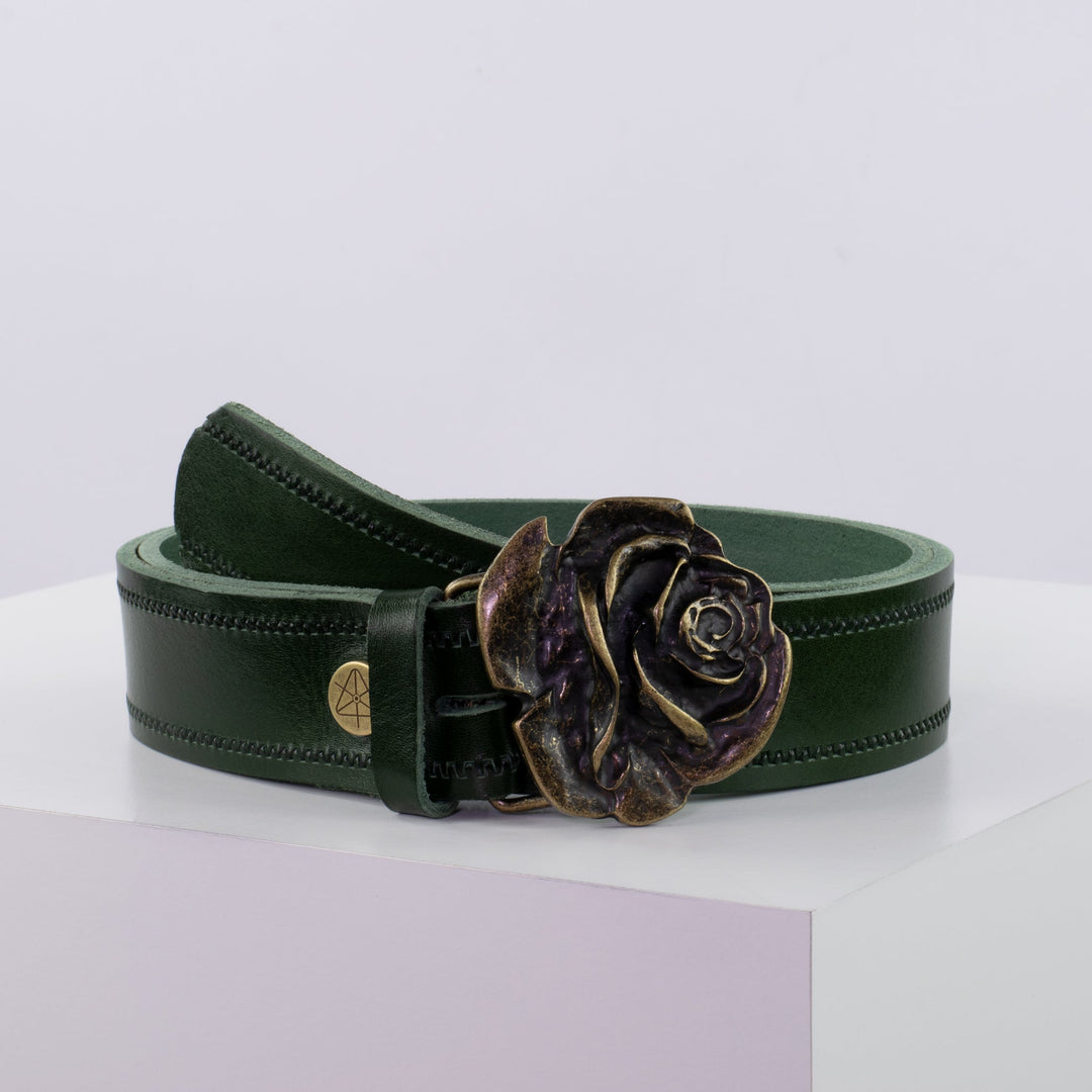 Ledergürtel 4cm mit Schnalle Rose messing grün Reißverschluss