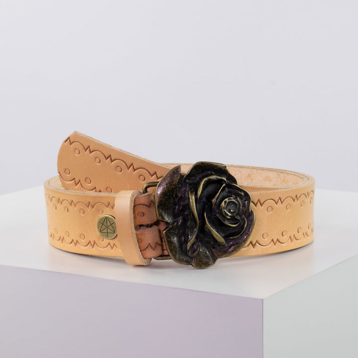 Ledergürtel 4cm mit Schnalle Rose messing natur Lochwelle