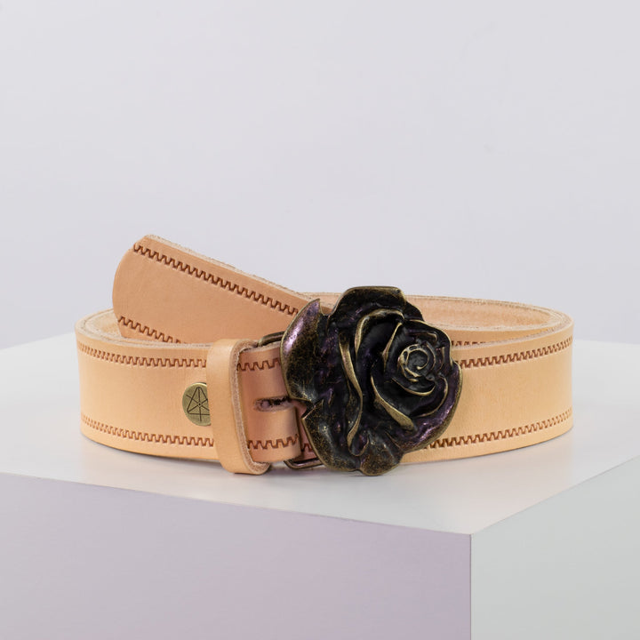 Ledergürtel 4cm mit Schnalle Rose messing natur Reißverschluss