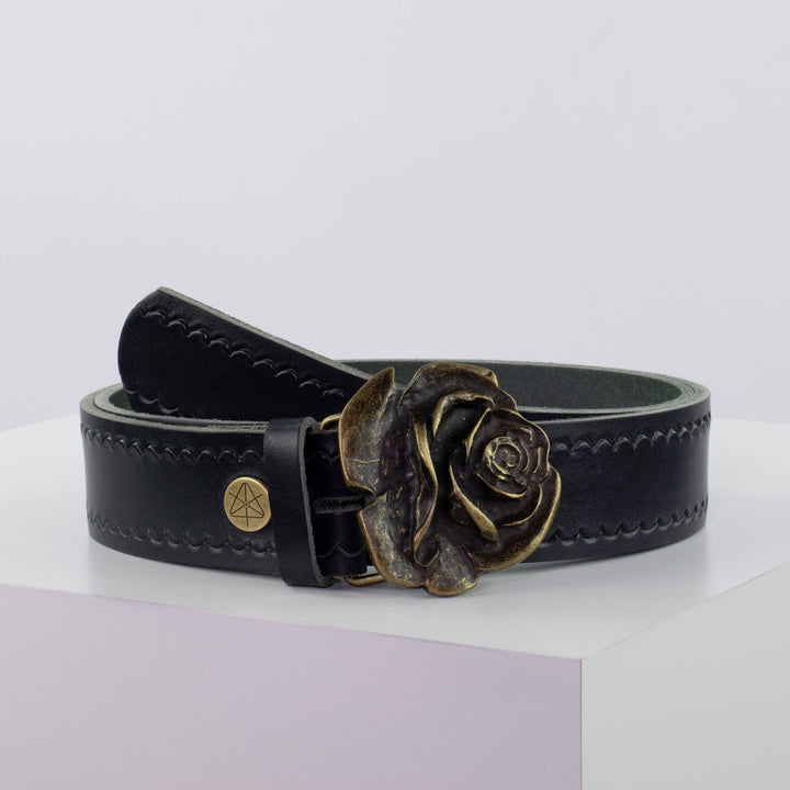 Ledergürtel 4cm mit Schnalle Rose messing navi kleine Welle