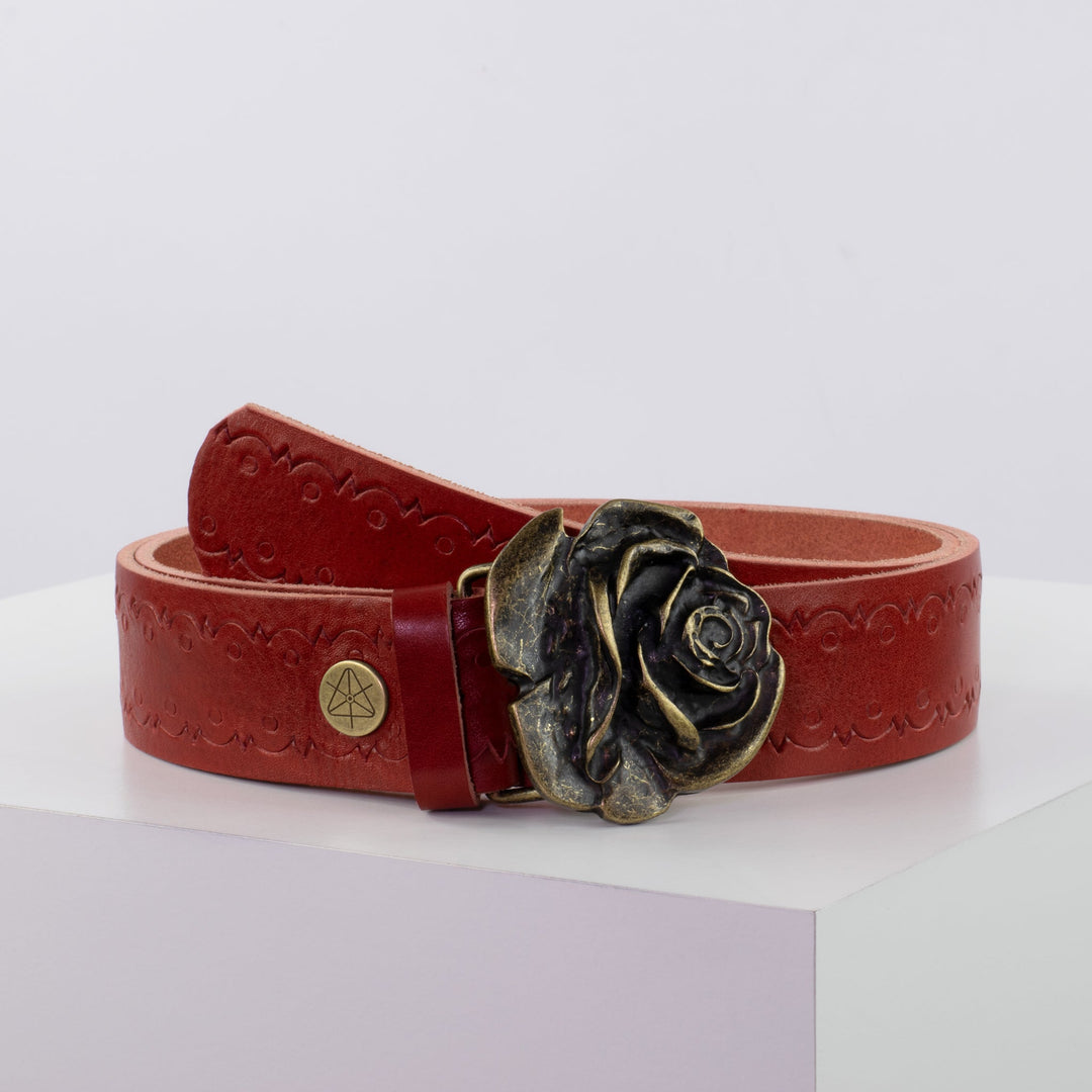 Ledergürtel 4cm mit Schnalle Rose messing rot Lochwelle
