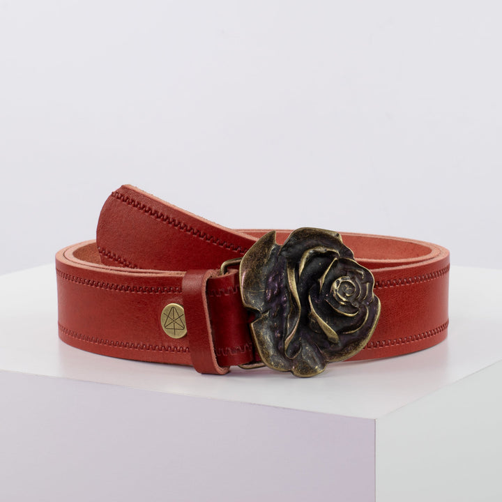Ledergürtel 4cm mit Schnalle Rose messing rot Reißverschluss