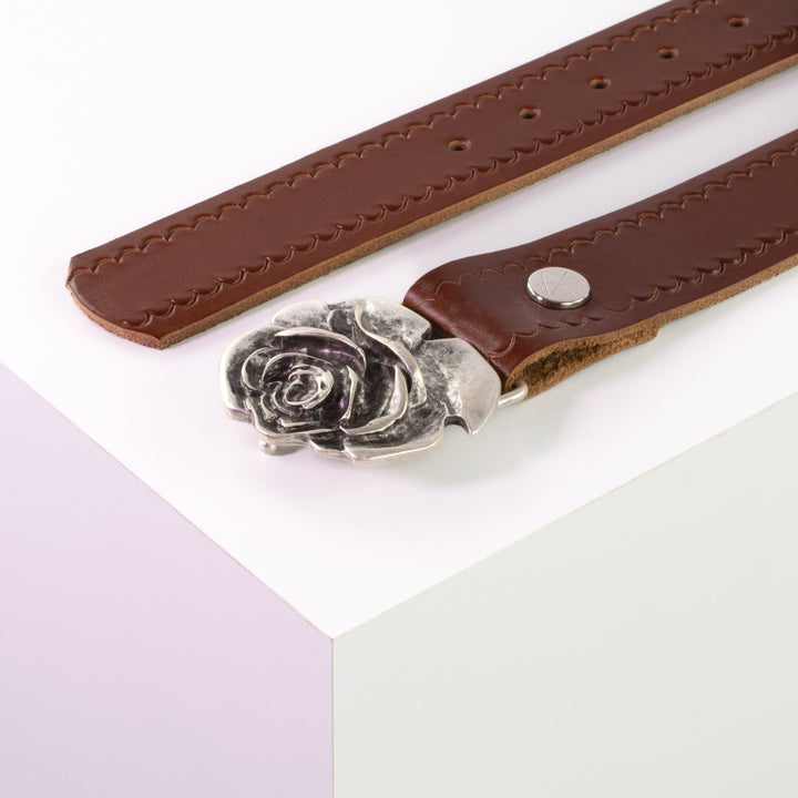 Ledergürtel 4cm mit Schnalle Rose cognac kleine Welle