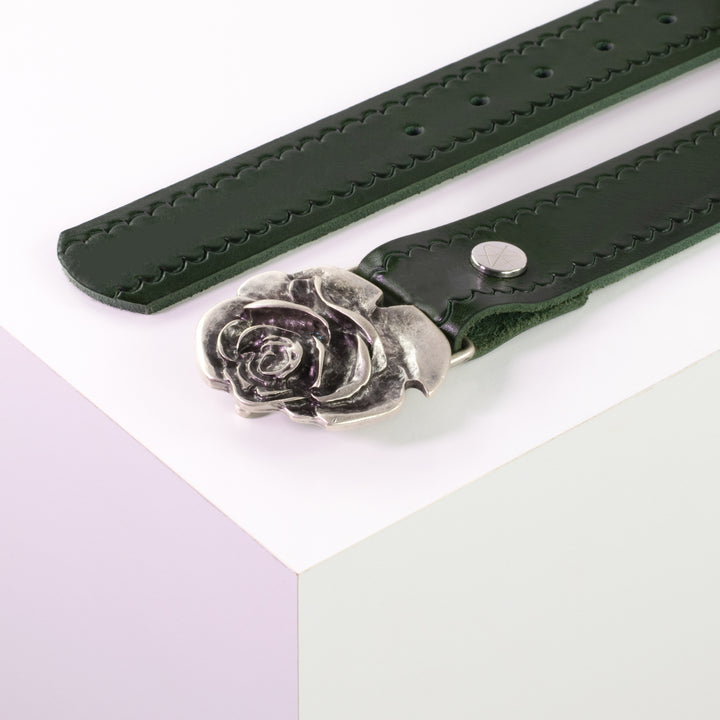 Ledergürtel 4cm mit Schnalle Rose grün kleine Welle