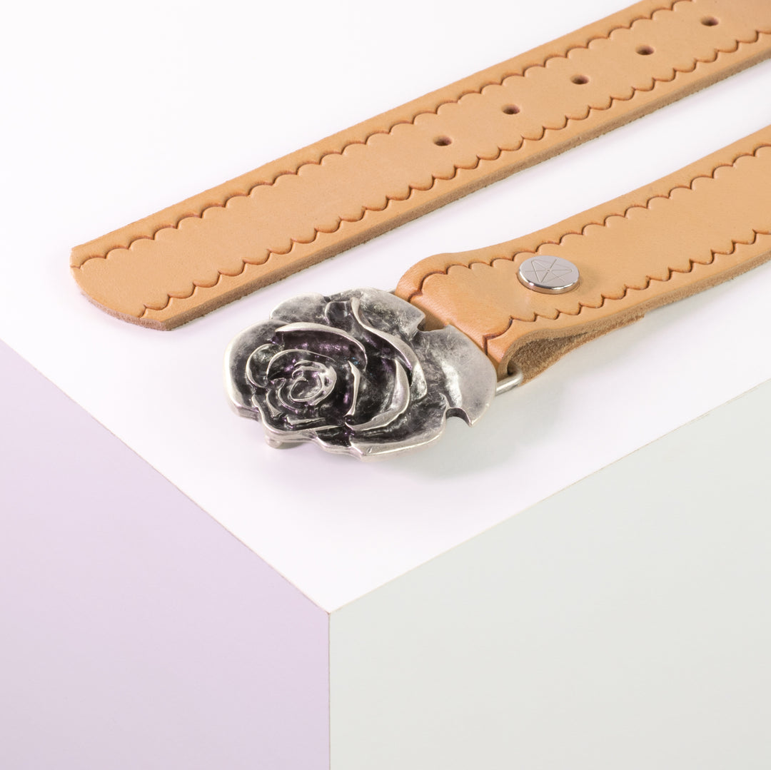 Ledergürtel 4cm mit Schnalle Rose natur kleine Welle