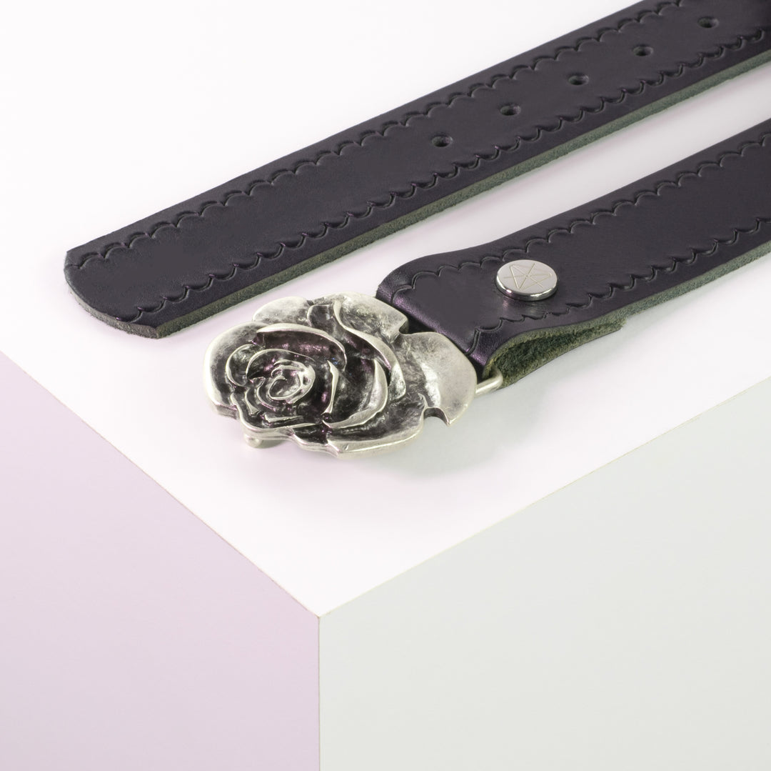 Ledergürtel 4cm mit Schnalle Rose navi kleine Welle