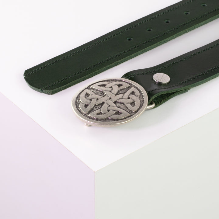 Ledergürtel 4cm mit Schnalle Gordischer Knoten rund silber grün Reißverschluss
