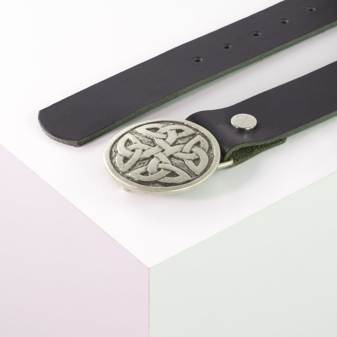 Ledergürtel 4cm mit Schnalle Gordischer Knoten rund silber navi ohne Muster