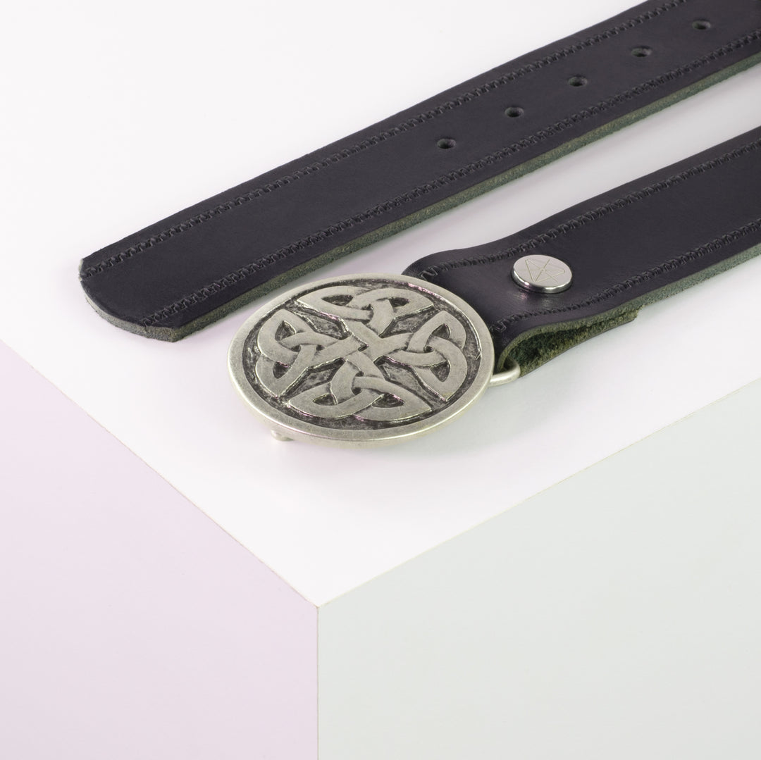 Ledergürtel 4cm mit Schnalle Gordischer Knoten rund silber navi Reißverschluss