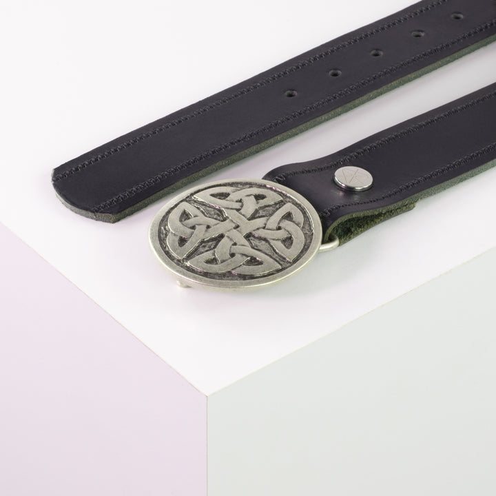 Ledergürtel 4cm mit Schnalle Gordischer Knoten rund silber navi Reißverschluss
