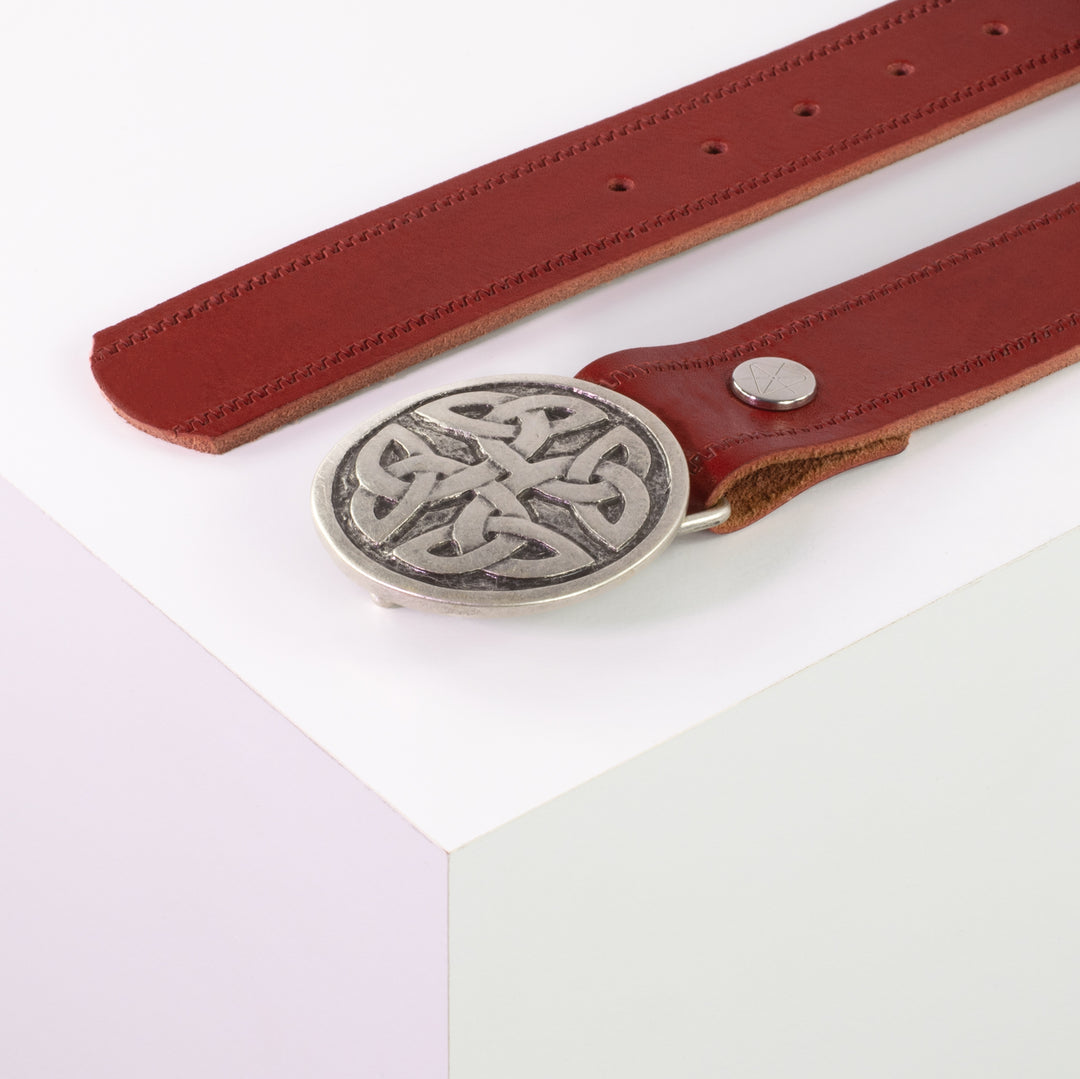 Ledergürtel 4cm mit Schnalle Gordischer Knoten rund silber rot Reißverschluss