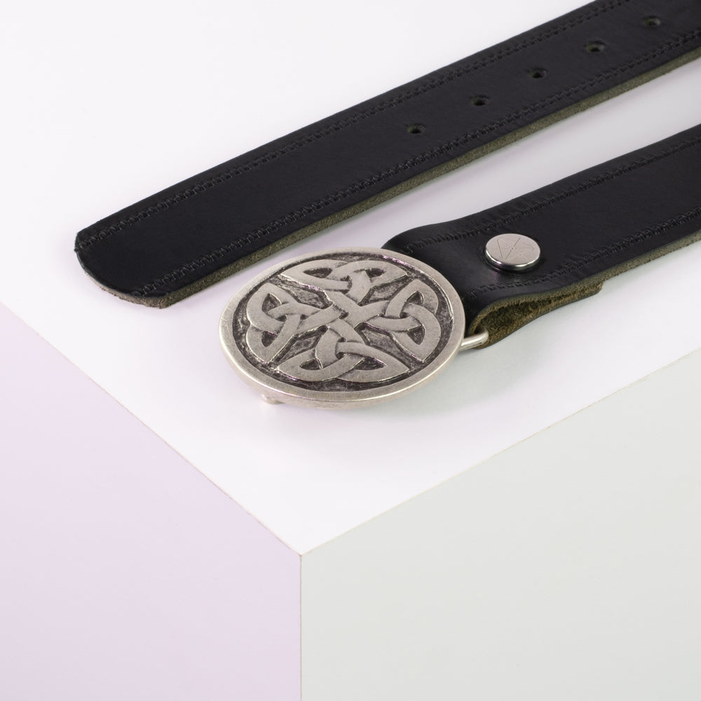 Ledergürtel 4cm mit Schnalle Gordischer Knoten rund silber schwarz Reißverschluss