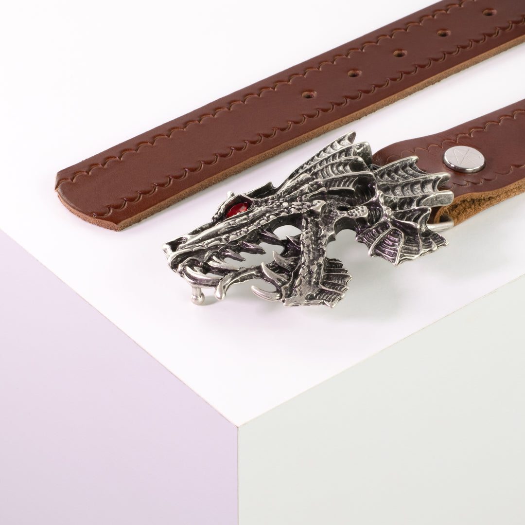 Ledergürtel 4cm mit Schnalle Drache cognac kleine Welle