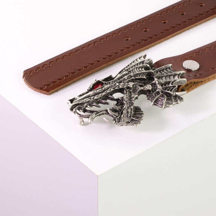 Ledergürtel 4cm mit Schnalle Drache cognac kleine Welle