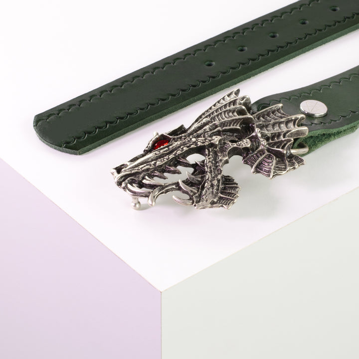 Ledergürtel 4cm mit Schnalle Drache grün kleine Welle