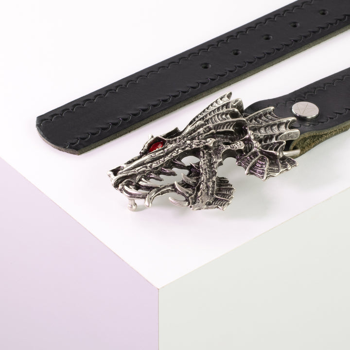 Ledergürtel 4cm mit Schnalle Drache schwarz kleine Welle