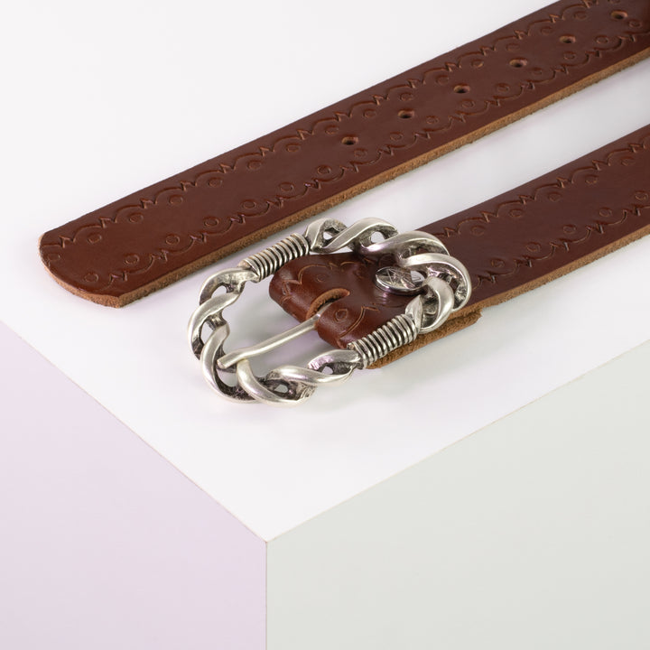 Ledergürtel 4cm mit Schnalle Gewickelter Knoten silber cognac Lochwelle