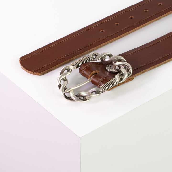 Ledergürtel 4cm mit Schnalle Gewickelter Knoten silber cognac Reißverschluss