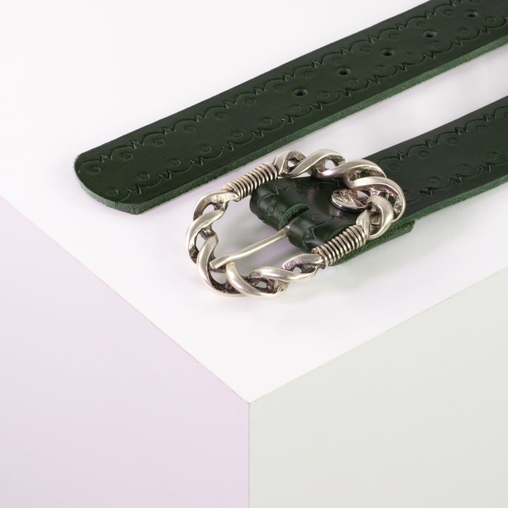 Ledergürtel 4cm mit Schnalle Gewickelter Knoten silber grün Lochwelle